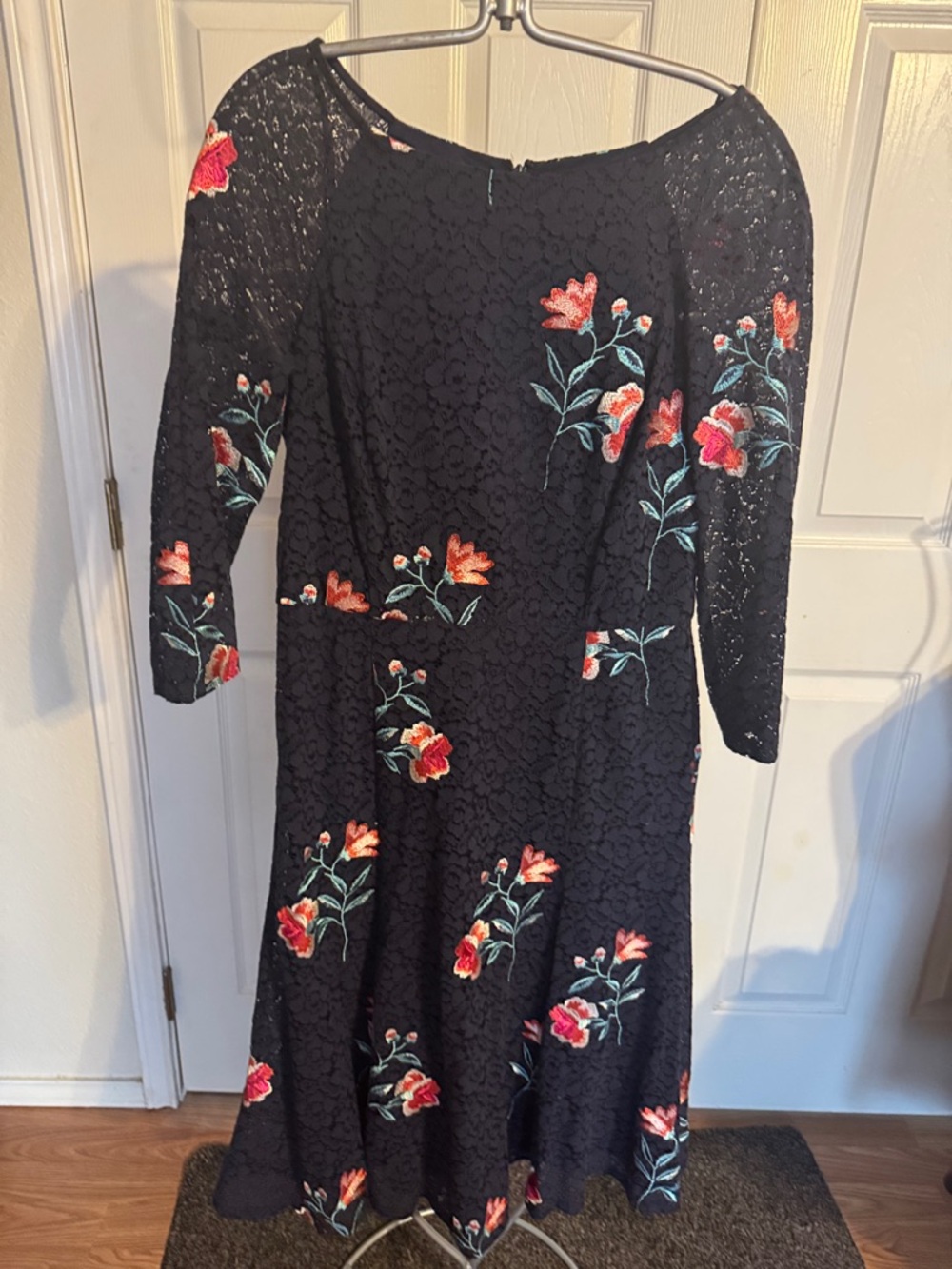 Eliza J Blue Lace Midi Dress with Red Floral Embroidery